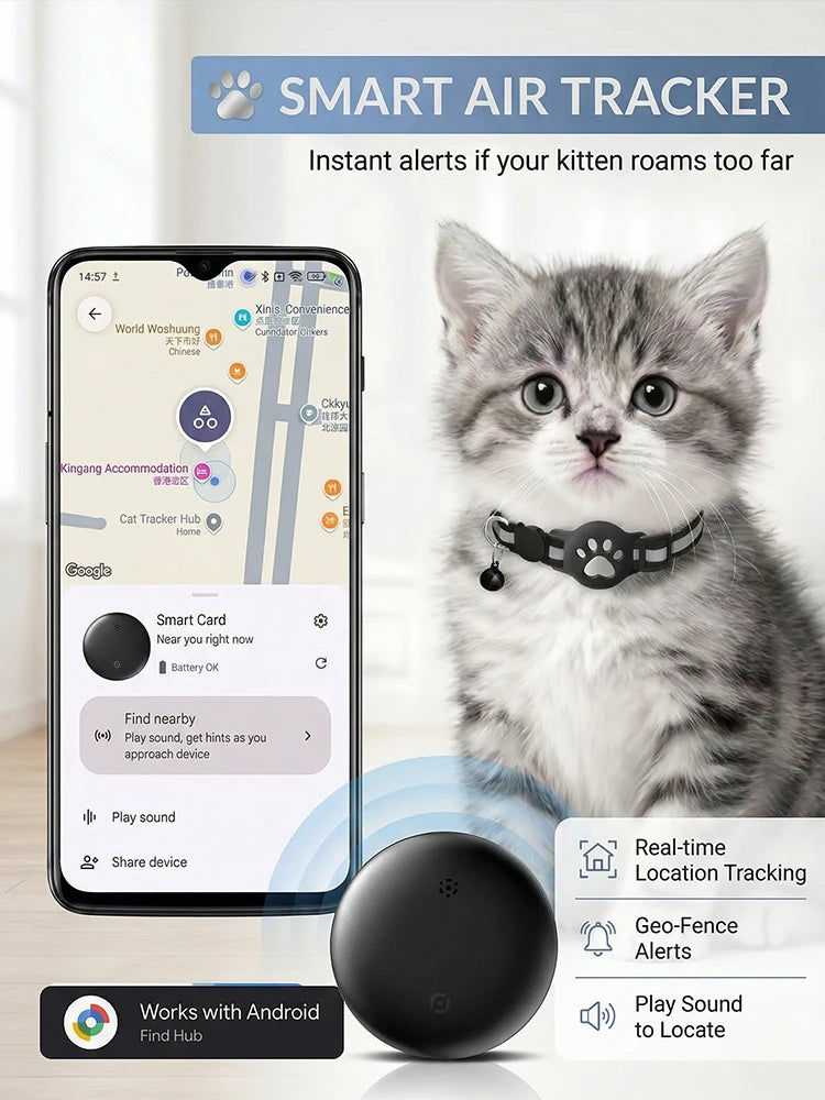 Intelligenter Ortungssensor Kompatibel mit Google Find Hub Android GPS-Tracker mit Katzenhalsband Gegenstandsfinder für Geldbörse Koffer Haustiere Tasche Gepäck