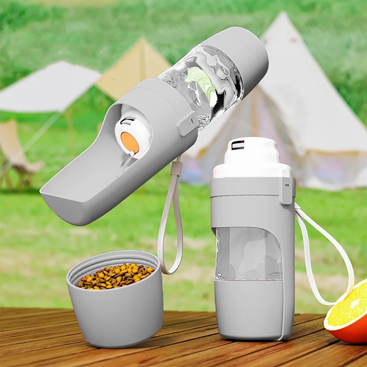 tragbare 2-in-1 Haustier-Wasserflasche in Grau mit integriertem Futterbehälter für unterwegs