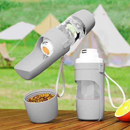 tragbare 2-in-1 Haustier-Wasserflasche in Grau mit integriertem Futterbehälter für unterwegs