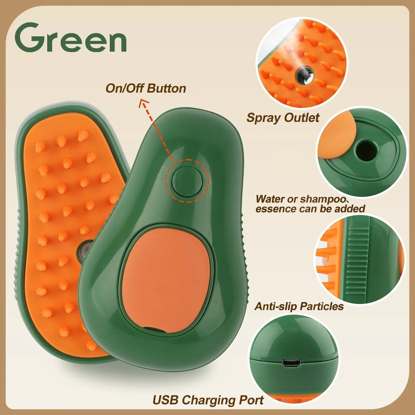 Valley of the Wolves 3-in-1 Dampfbürste für Haustiere in Avocado-Optik mit Sprühfunktion, Massageborsten und USB-Ladeanschluss