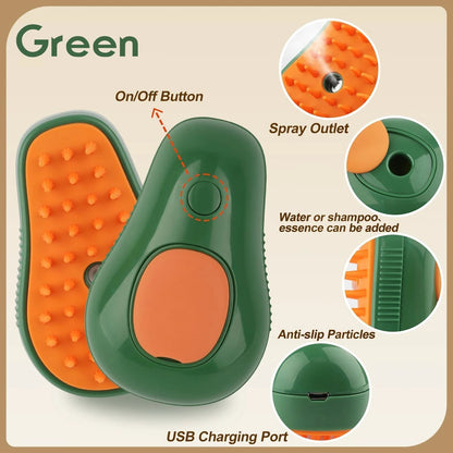 Valley of the Wolves 3-in-1 Dampfbürste für Haustiere in Avocado-Optik mit Sprühfunktion, Massageborsten und USB-Ladeanschluss