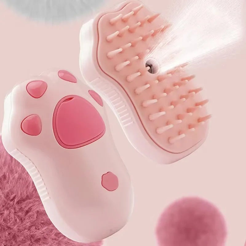 Valley of the Wolves 3-in-1 Dampfbürste für Haustiere in Pfotenform, rosa Kunststoff-Massagebürste mit Sprühfunktion