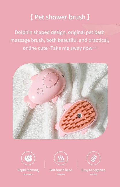Valley of the Wolves 3-in-1-Dampfbürste für Haustiere in Delfinform, rosa Kunststoff-Massagebürste mit weichen Borsten