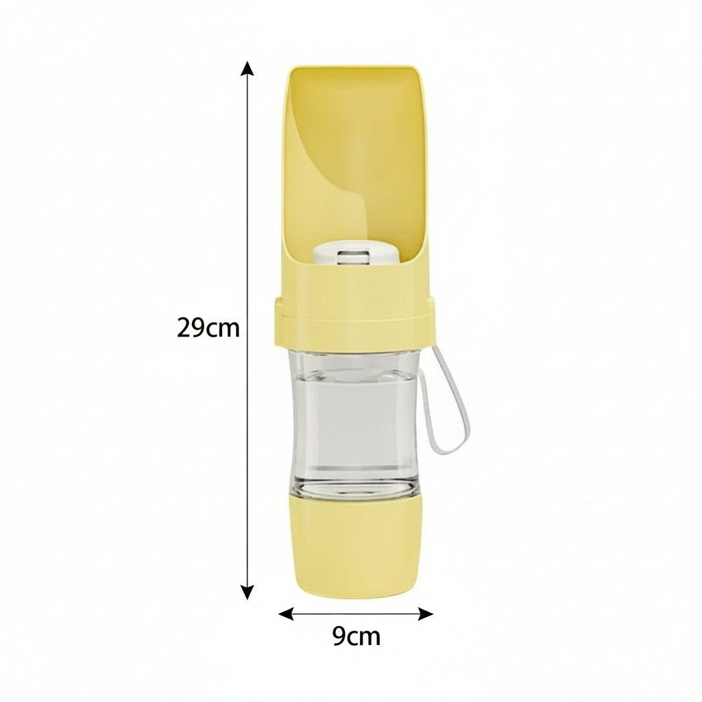 Valley of the Wolves gelbe 2-in-1 Haustier-Wasserflasche mit Futterbehälter und Trageschlaufe, 29 cm hoch